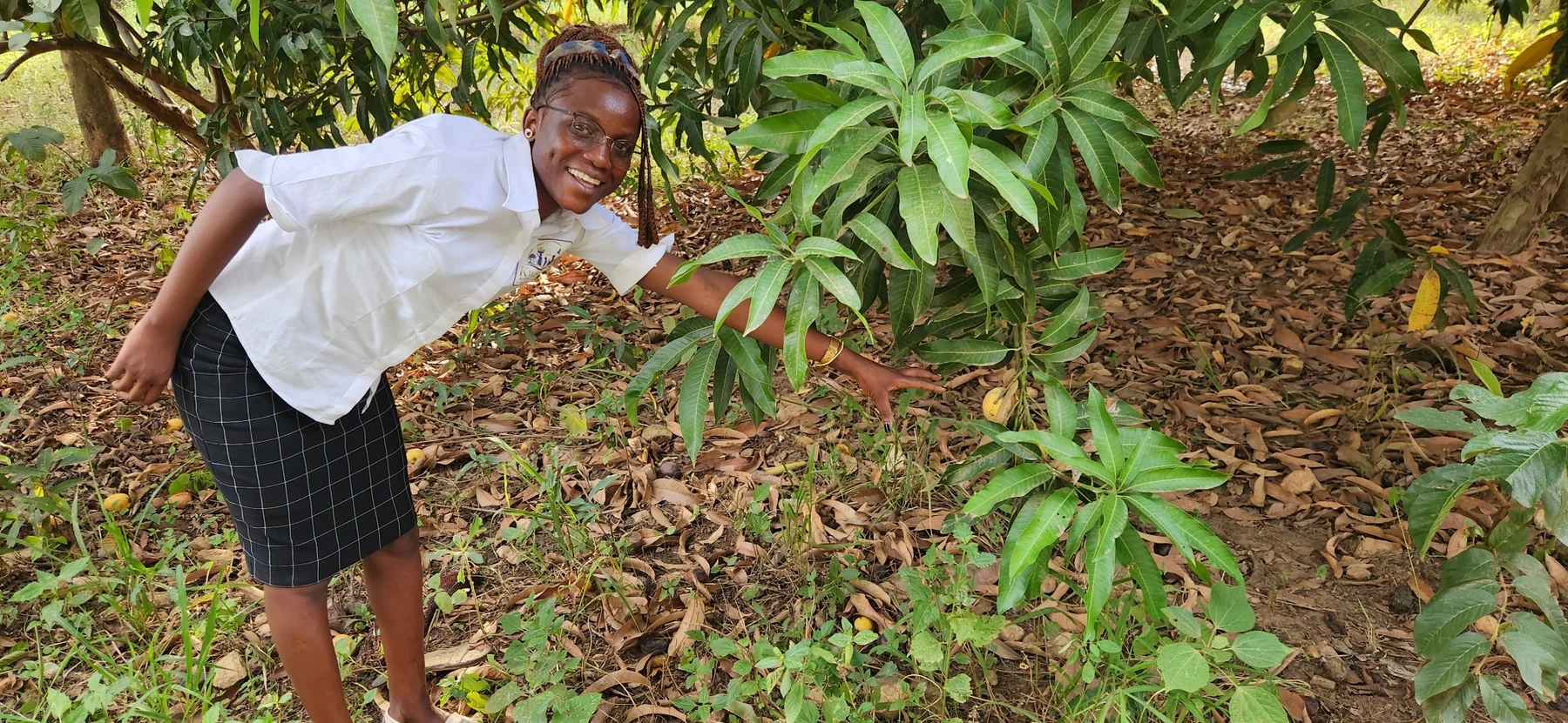 Practical agriculture learning beside a young fruit tree.
